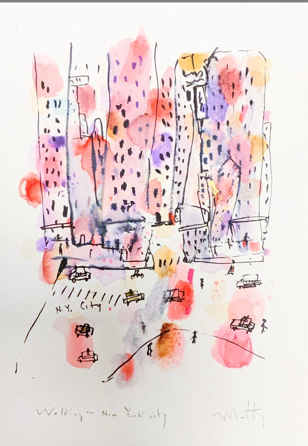 nyc wall art colorful watercolor painting print, A3, wall art print livingroom decor