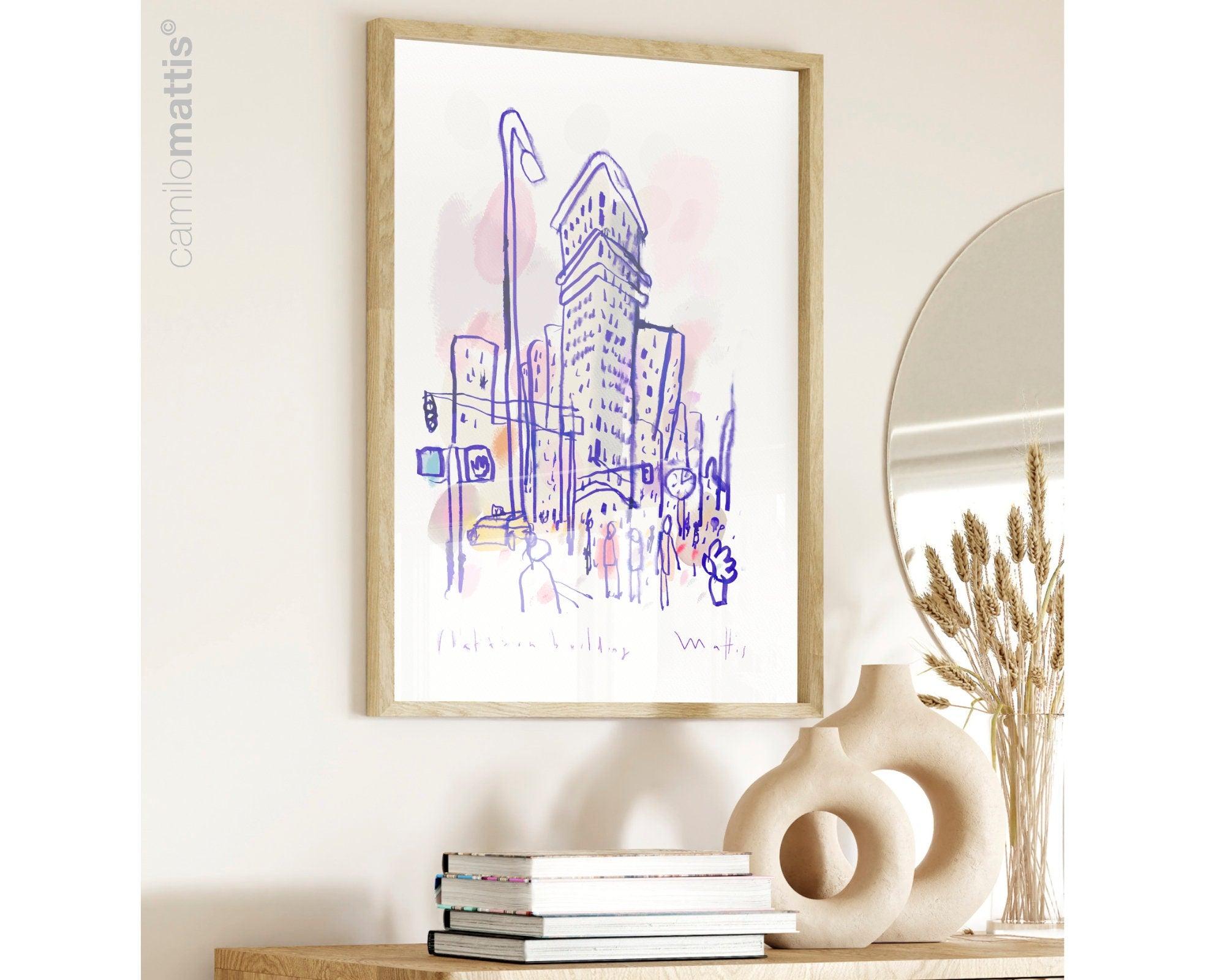 NCY city sketch fine art print, flatiron building of hand drawing watercolor ink, A3, wall art print livingroom decor - camilomattis.com