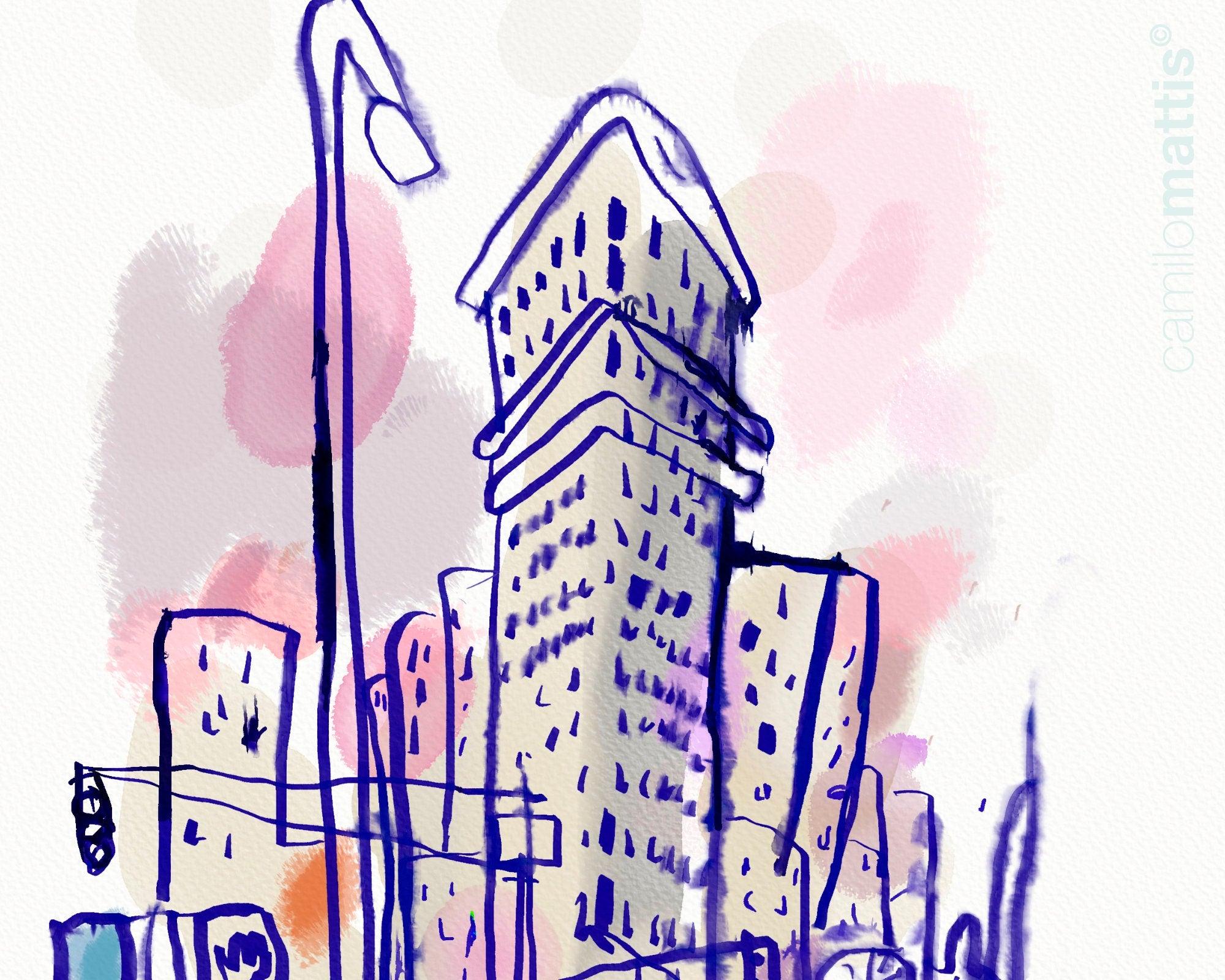 NCY city sketch fine art print, flatiron building of hand drawing watercolor ink, A3, wall art print livingroom decor - camilomattis.com
