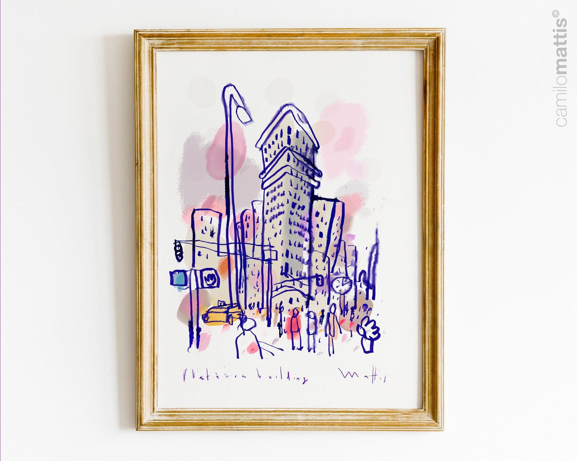 NCY city sketch fine art print, flatiron building of hand drawing watercolor ink, A3, wall art print livingroom decor - camilomattis.com