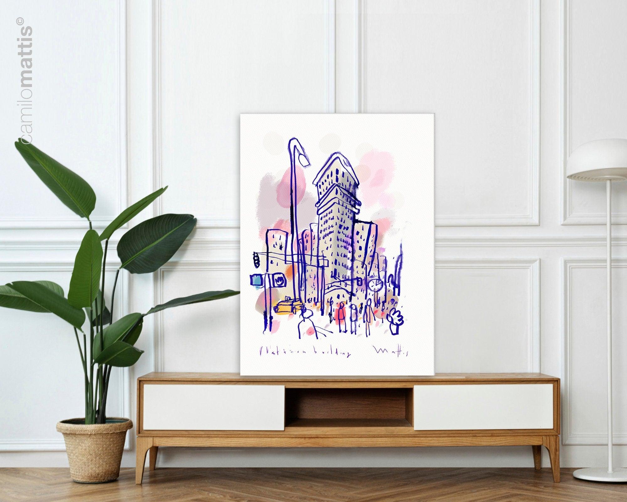 NCY city sketch fine art print, flatiron building of hand drawing watercolor ink, A3, wall art print livingroom decor - camilomattis.com