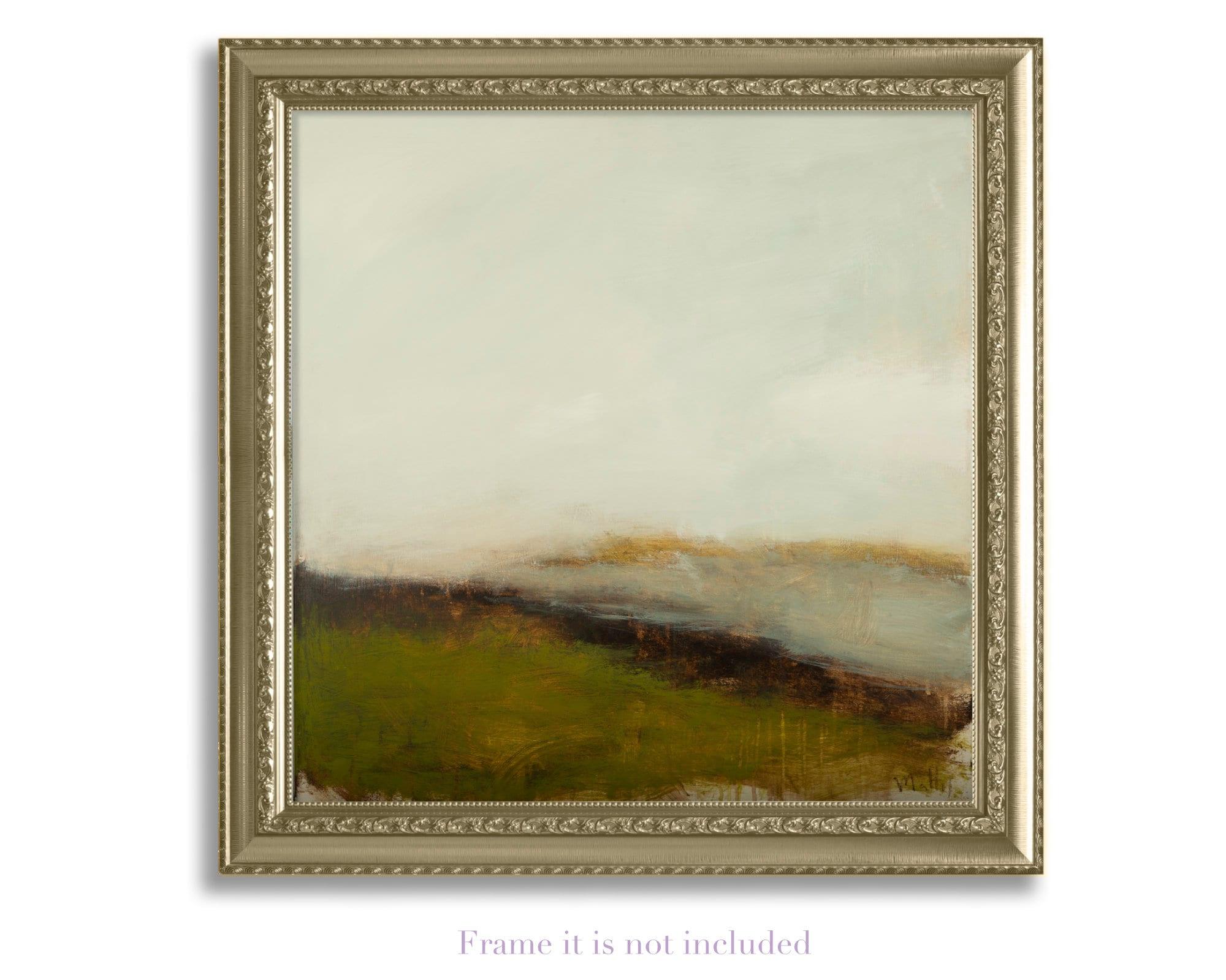 Original painting cloudy landscape sage green with muted colors, 36x36 on canvas by Camilo Mattis - camilomattis.com