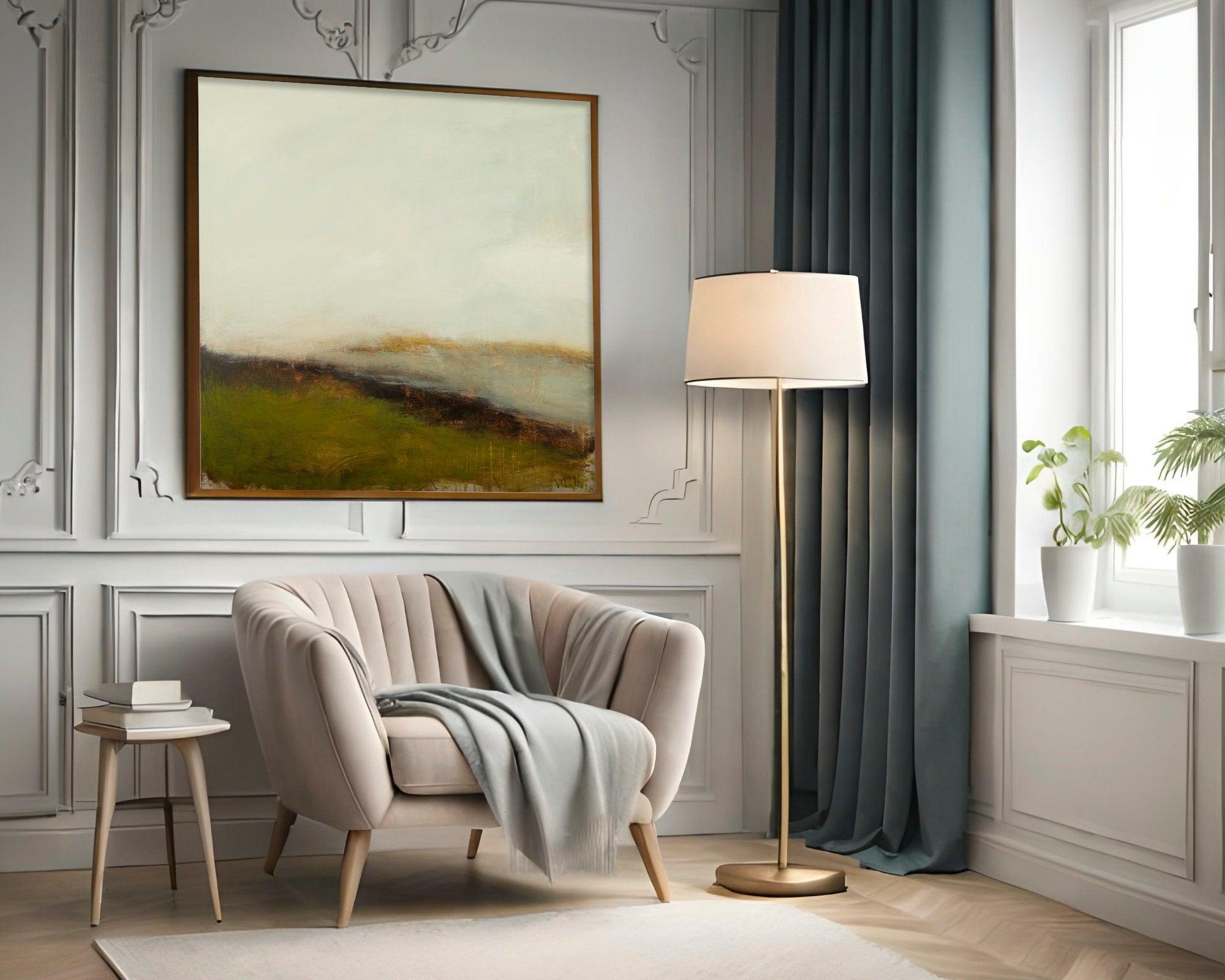 Original painting cloudy landscape sage green with muted colors, 36x36 on canvas by Camilo Mattis - camilomattis.com