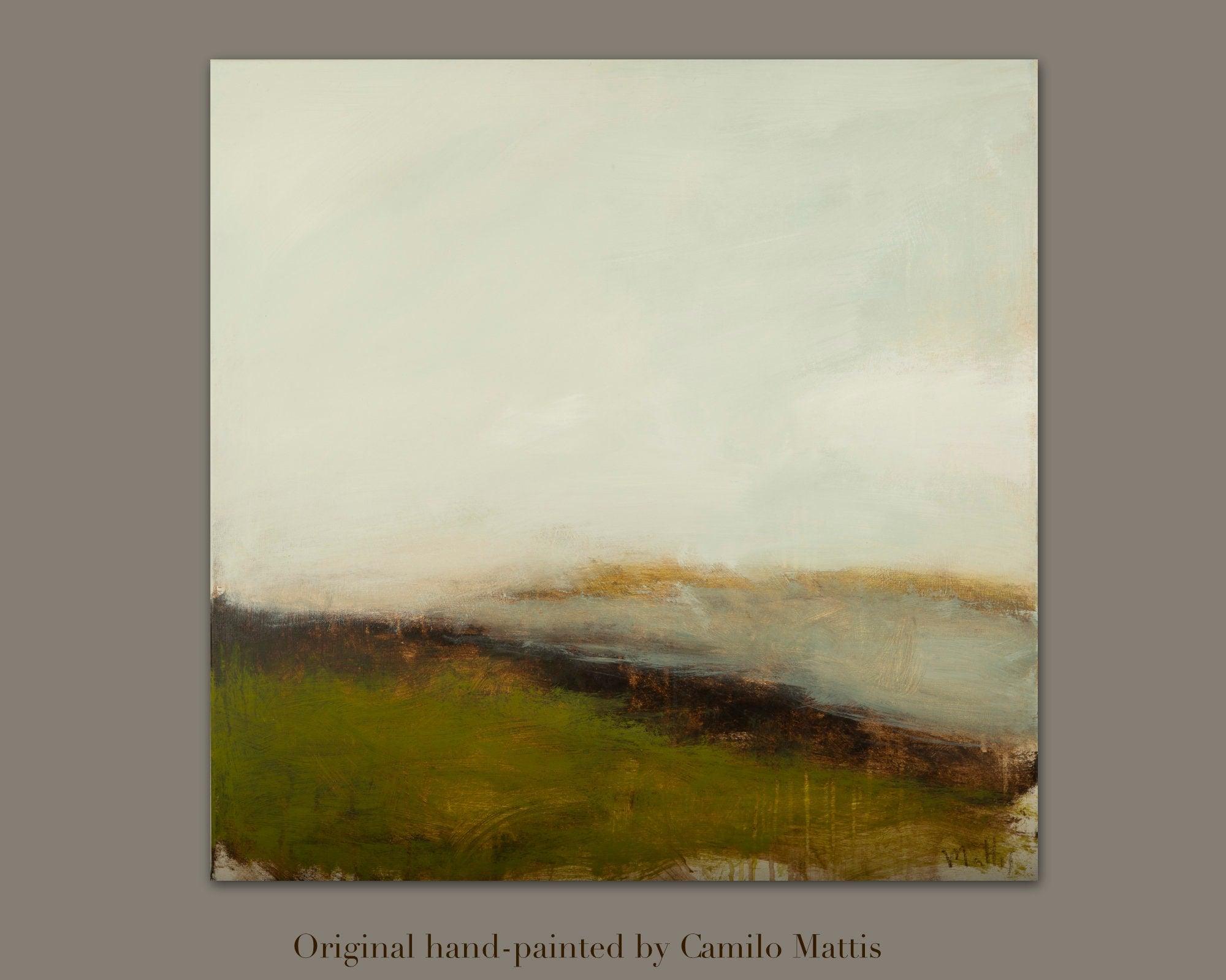 Original painting cloudy landscape sage green with muted colors, 36x36 on canvas by Camilo Mattis - camilomattis.com