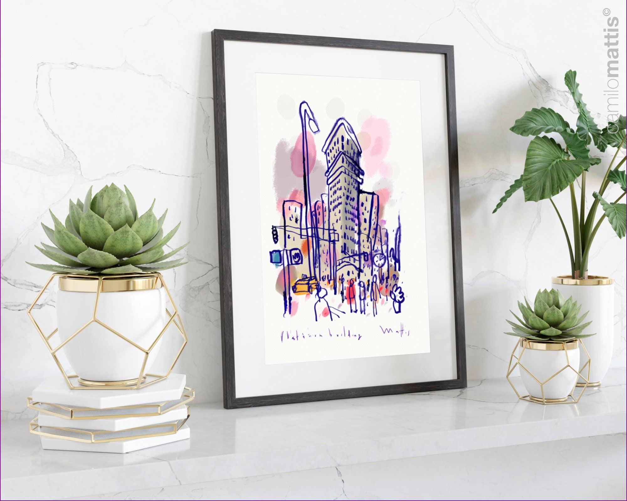 NCY city sketch fine art print, flatiron building of hand drawing watercolor ink, A3, wall art print livingroom decor - camilomattis.com