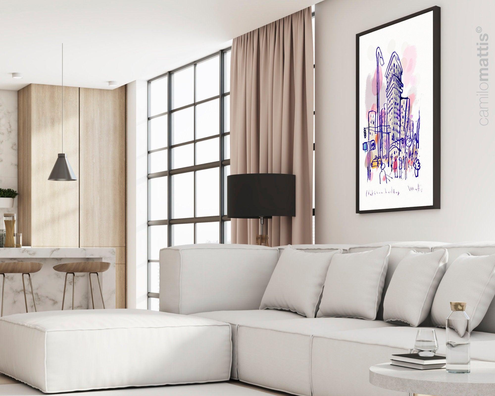 NCY city sketch fine art print, flatiron building of hand drawing watercolor ink, A3, wall art print livingroom decor - camilomattis.com