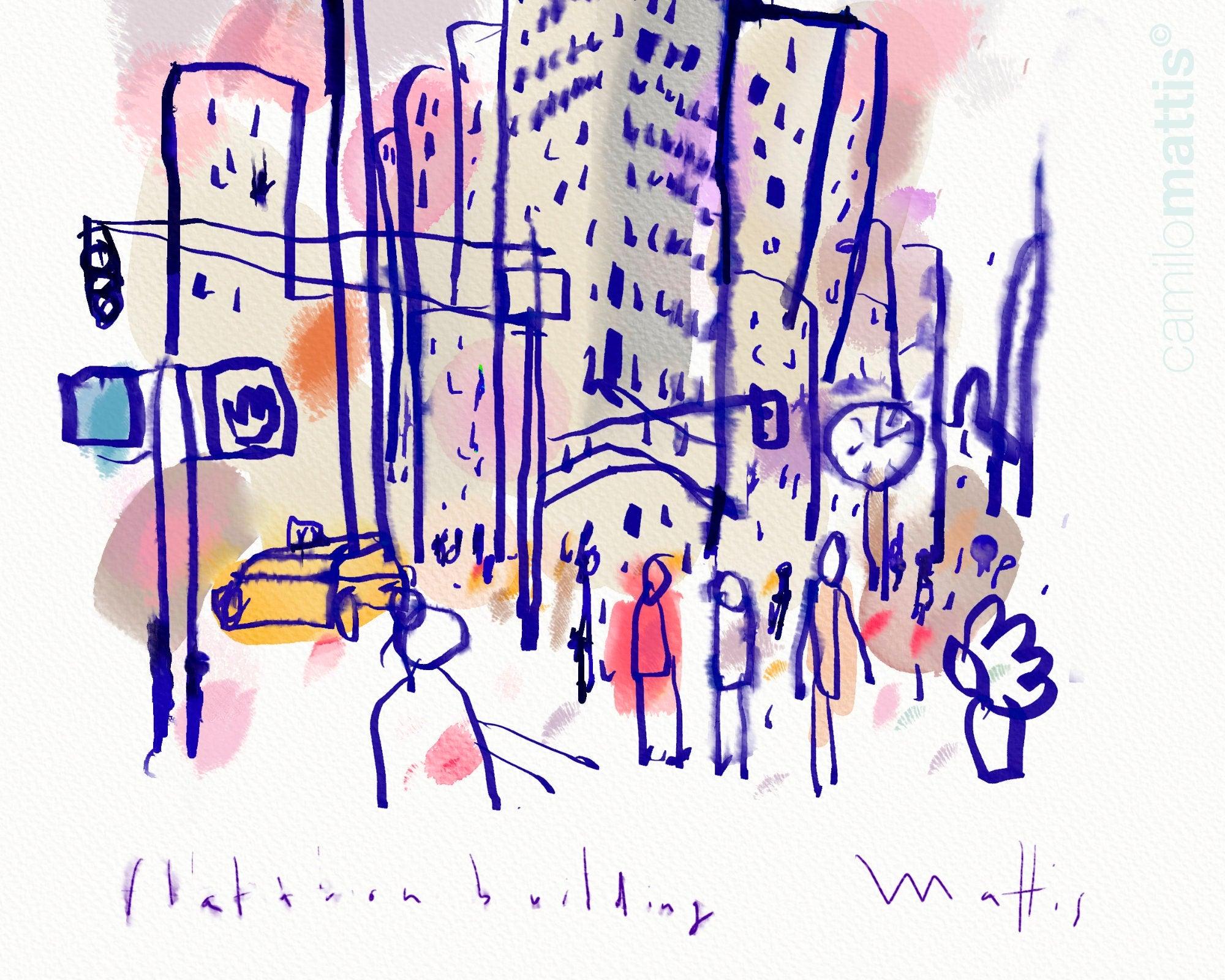 NCY city sketch fine art print, flatiron building of hand drawing watercolor ink, A3, wall art print livingroom decor - camilomattis.com
