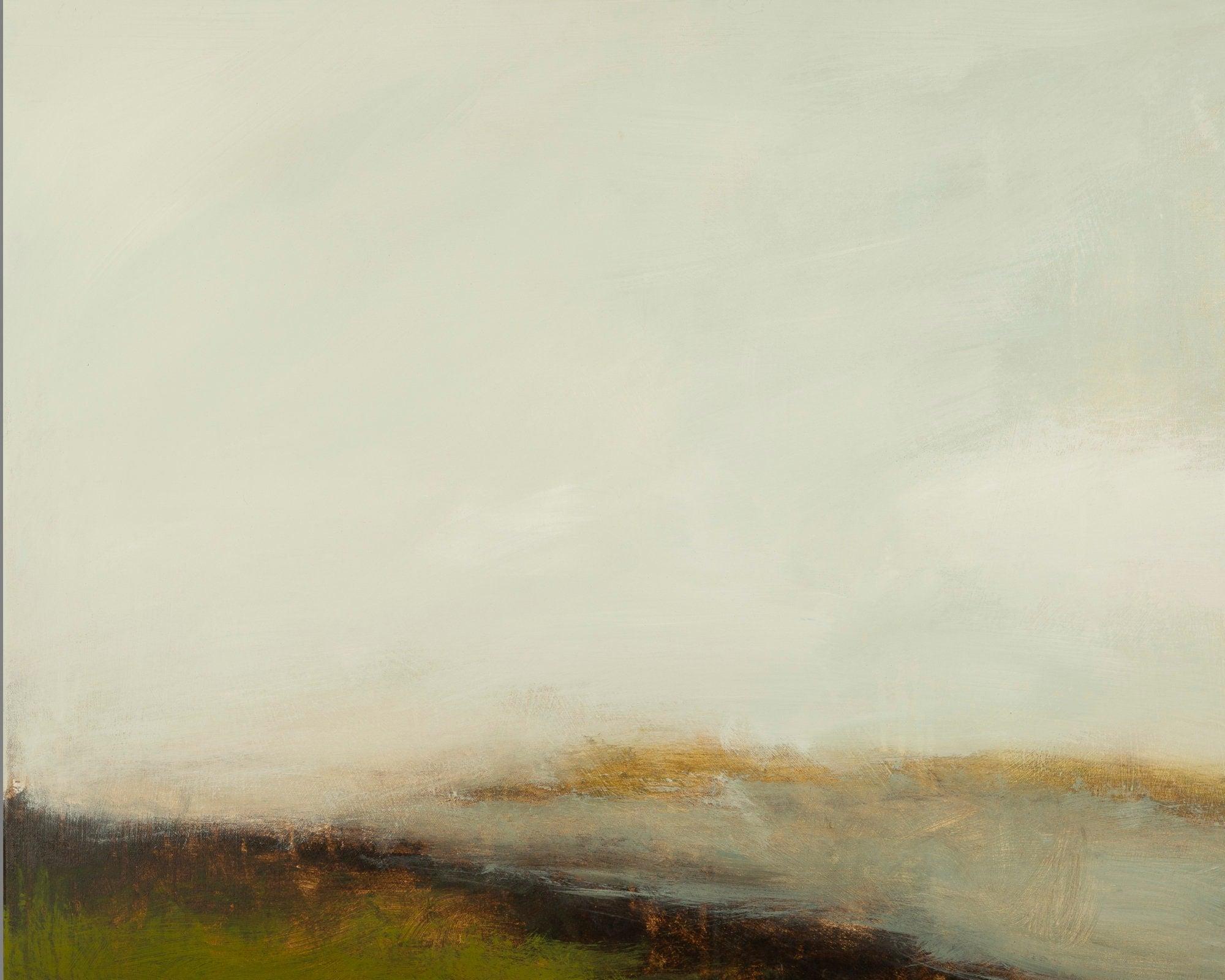 Original painting cloudy landscape sage green with muted colors, 36x36 on canvas by Camilo Mattis - camilomattis.com
