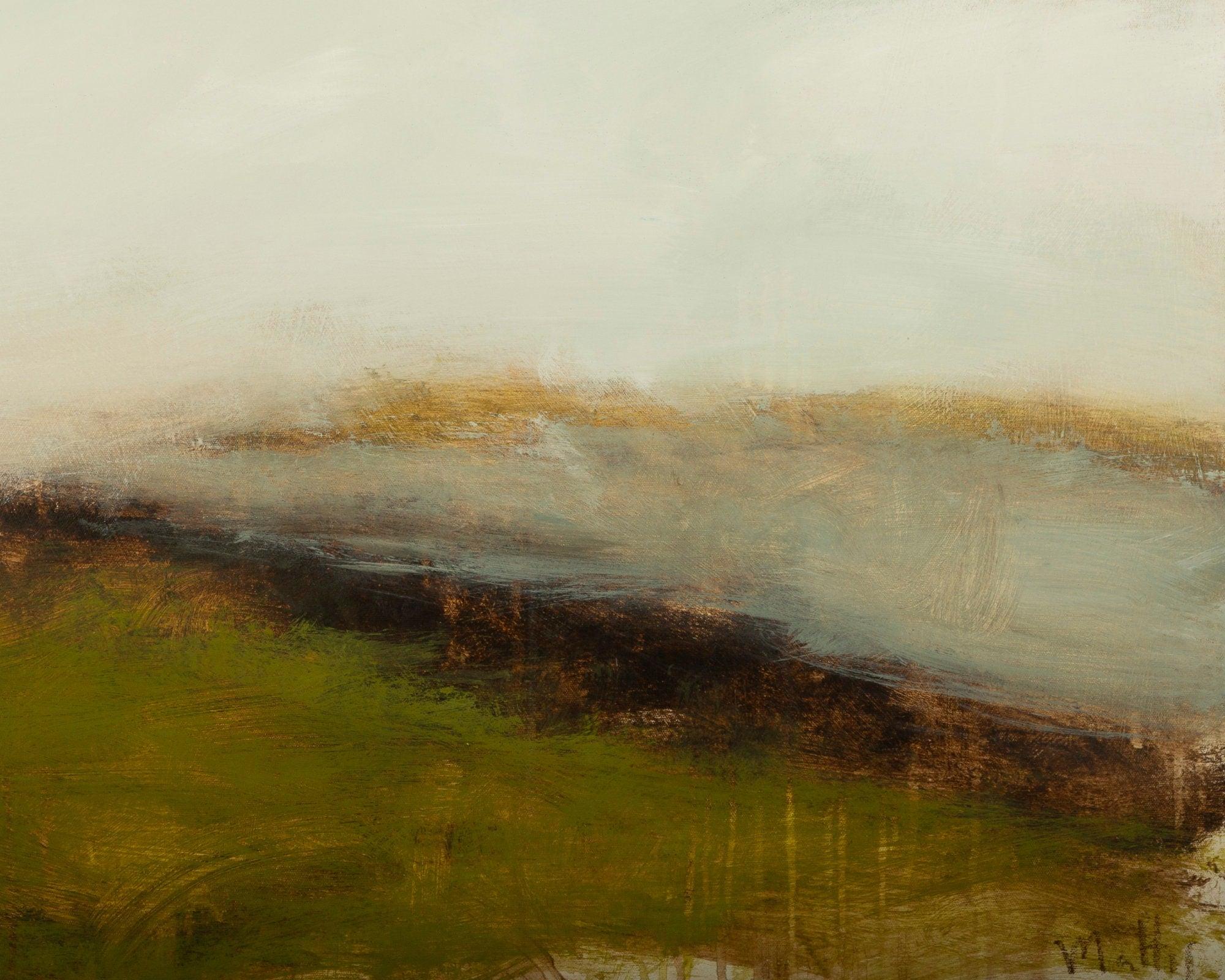 Original painting cloudy landscape sage green with muted colors, 36x36 on canvas by Camilo Mattis - camilomattis.com