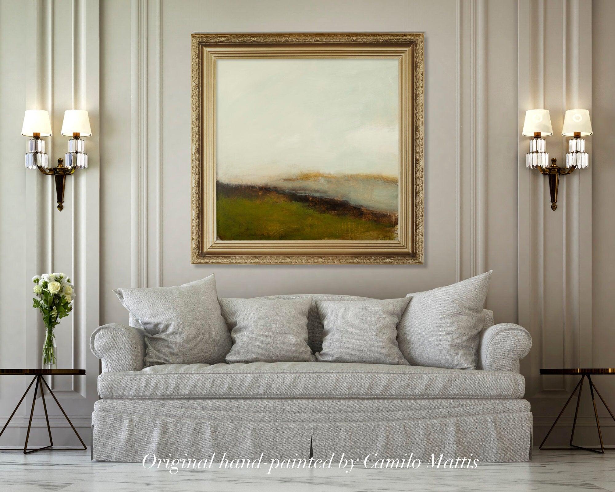 Original painting cloudy landscape sage green with muted colors, 36x36 on canvas by Camilo Mattis - camilomattis.com