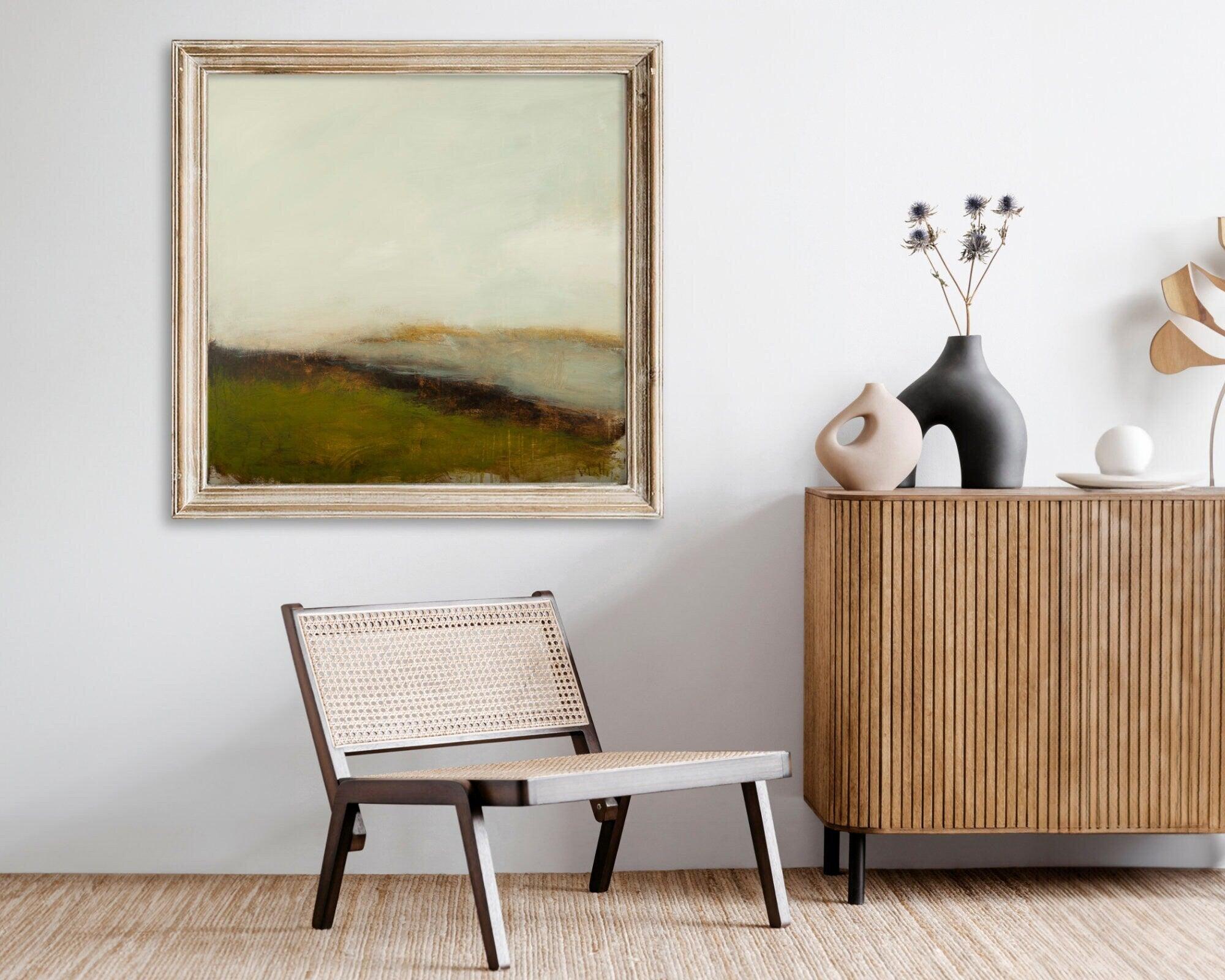 Original painting cloudy landscape sage green with muted colors, 36x36 on canvas by Camilo Mattis - camilomattis.com