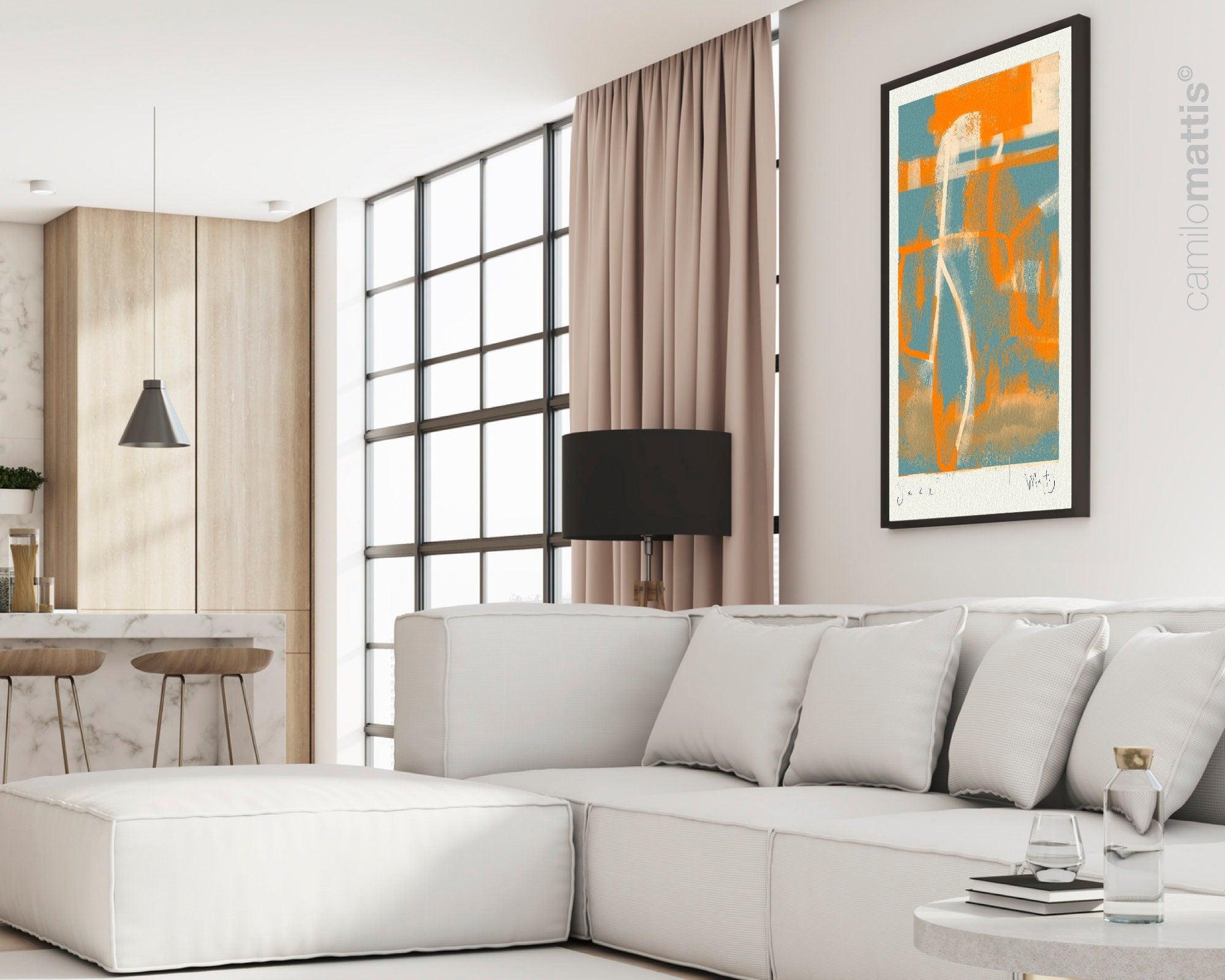 Jazz in NY Orange and blue large poster print, minimalist modern art appartement decor by Camilo Mattis - camilomattis.com