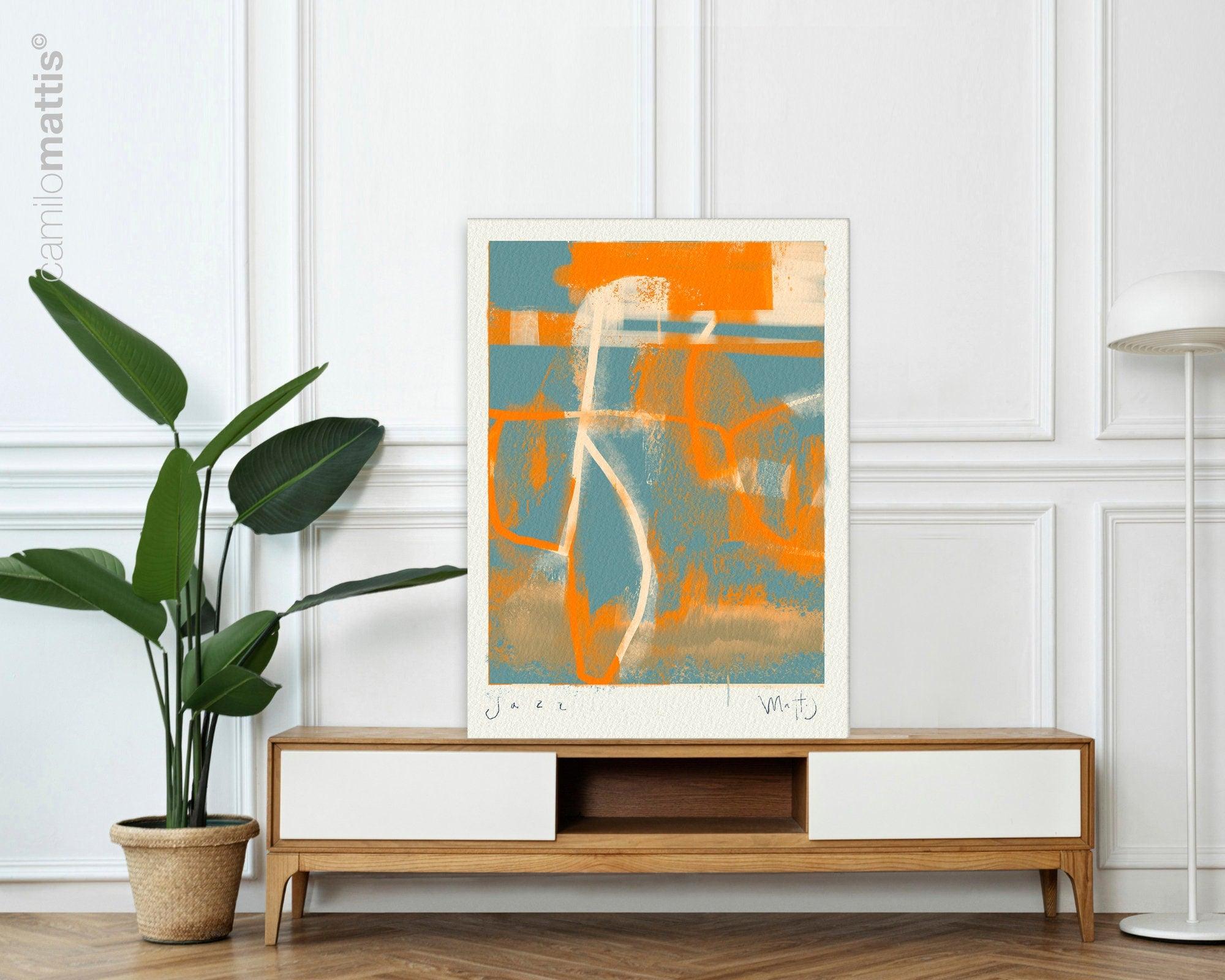 Jazz in NY Orange and blue large poster print, minimalist modern art appartement decor by Camilo Mattis - camilomattis.com