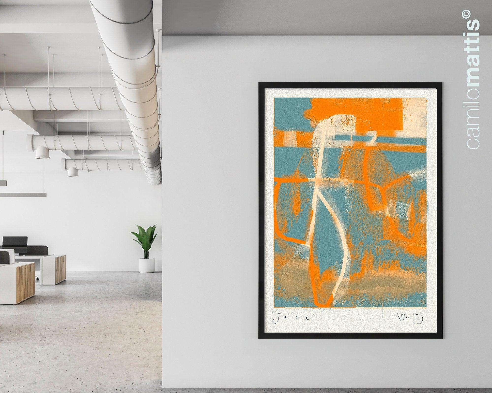 Jazz in NY Orange and blue large poster print, minimalist modern art appartement decor by Camilo Mattis - camilomattis.com