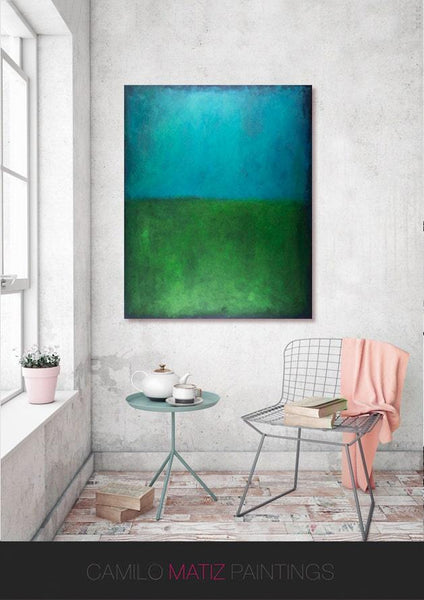 Original Blue wall art Acrylic painting minimalist art green abstract geometric art modern art large wall art, Abstract Painting