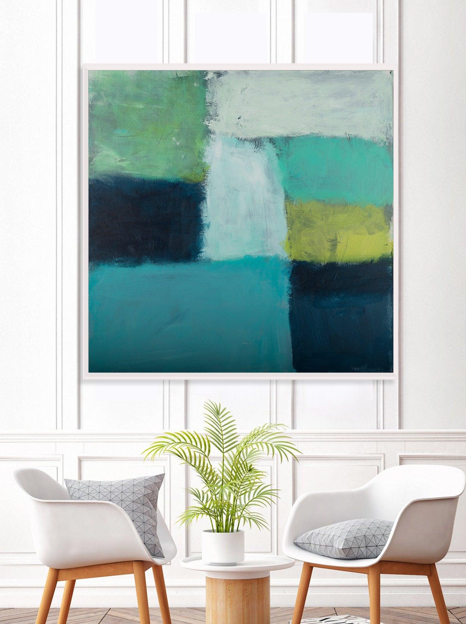 Large Teal geometric abstract canvas art print, green Abstract Acrylic painting by Camilo Mattis