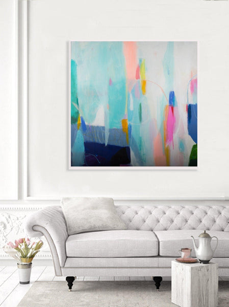 a living room with a couch and a modern canvas abstract art painting on the wall