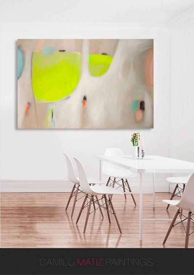 Apples in Green original abstract painting extra large wall art commision, chartreuse original abstract painting