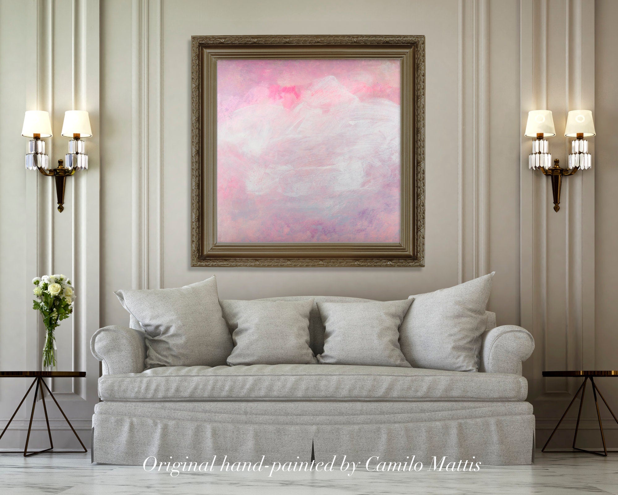 classic couch with a pink minimalist brush painting