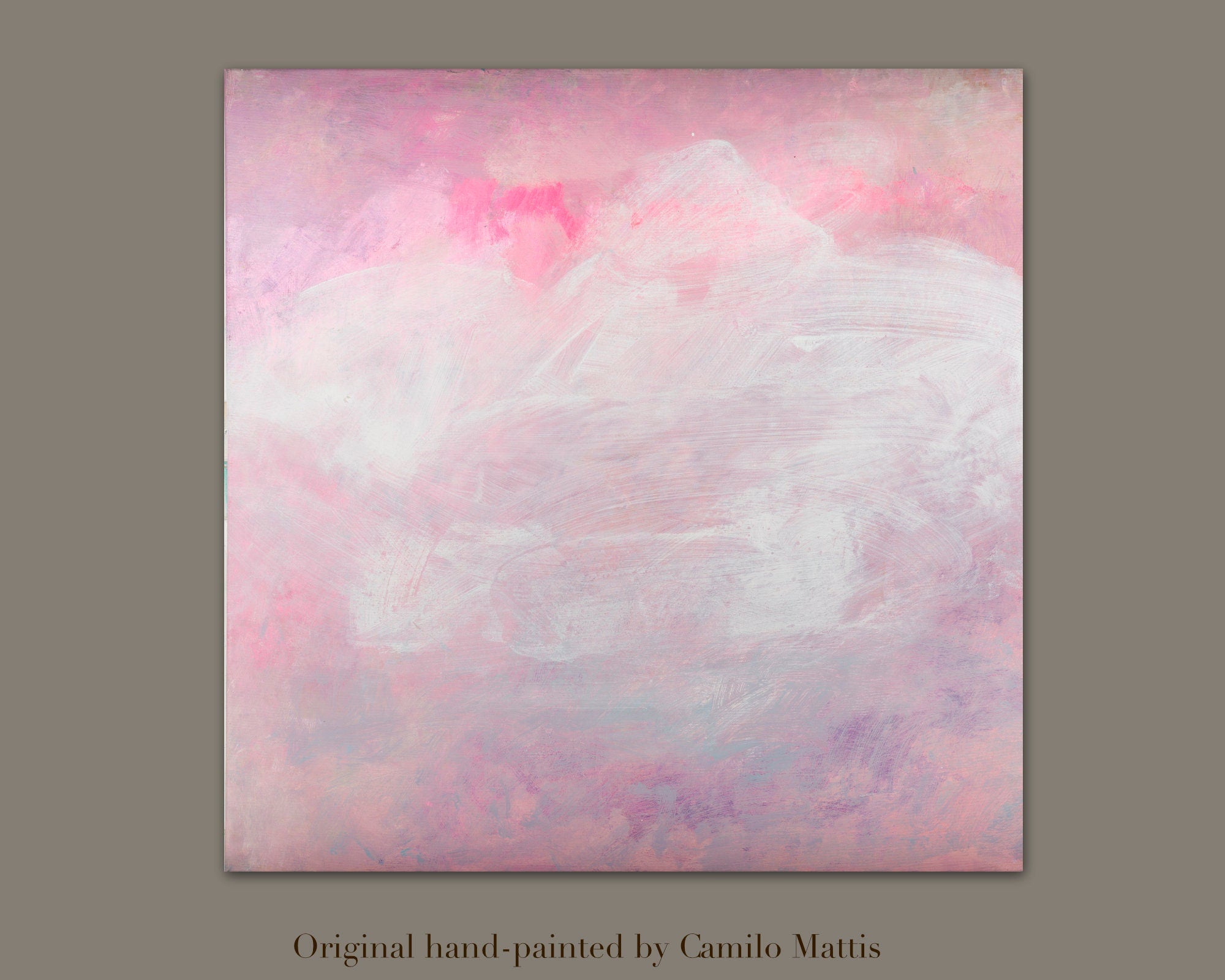 Original minimalist brush stroke art painting in pink by Camilo Mattis