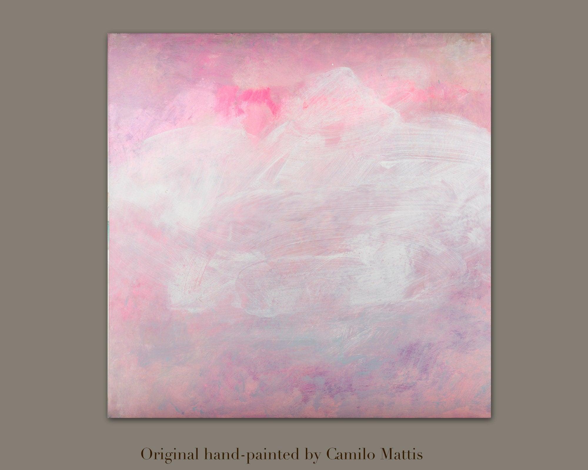 Original minimalist brush stroke art painting in pink by Camilo Mattis