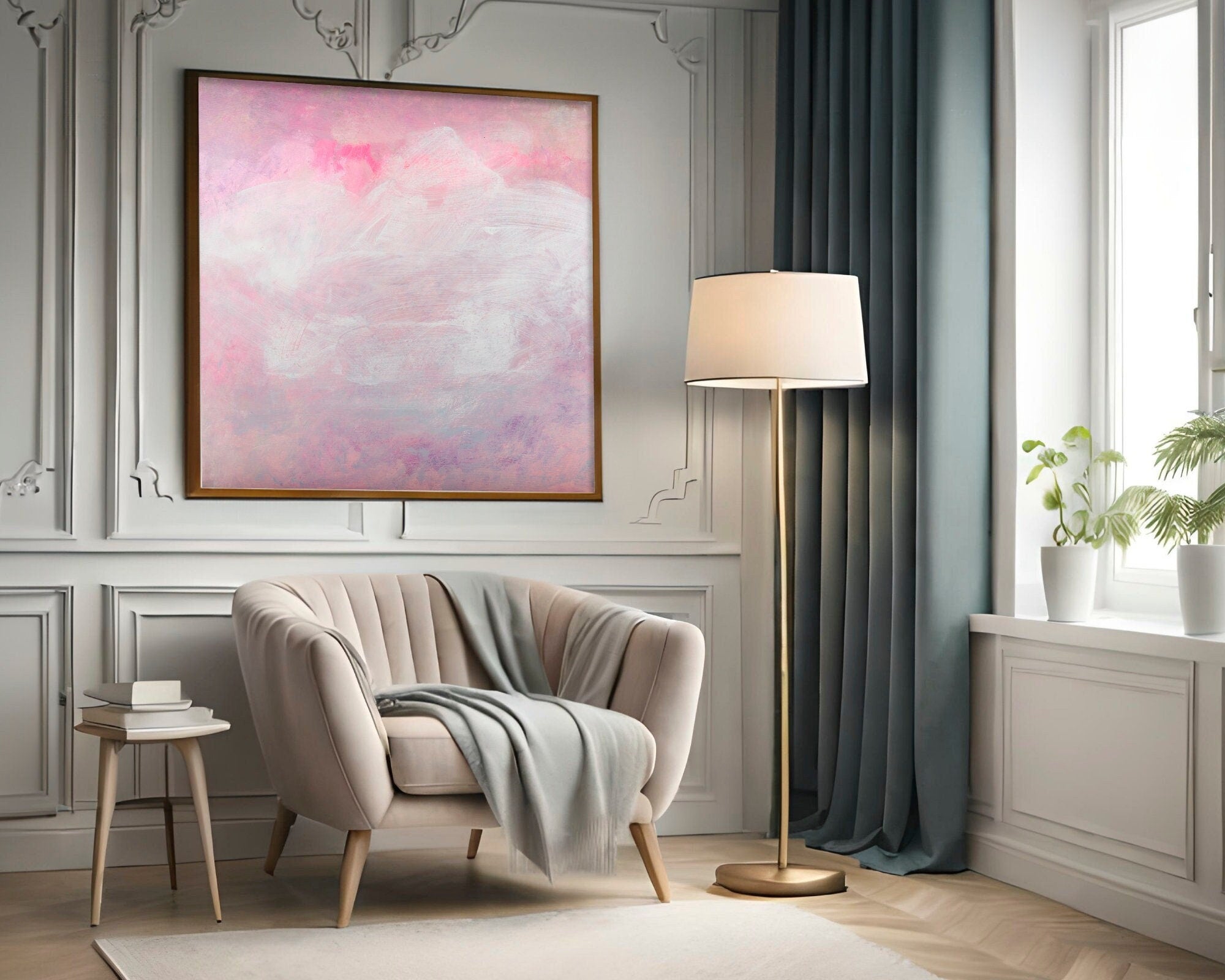 A living room which has a minimalist brush stroke painting created by Camilo Mattis