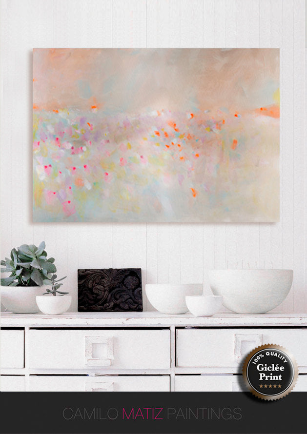 Abstract landscape painting, pastel colors art, pink, beige and orange landscape - camilomattis.com