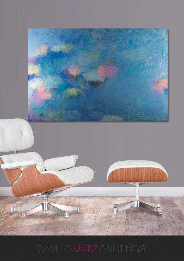 Blue abstract wall art, blue seascape, impressionist art pink abstract, water lily by Camilo Mattis - camilomattis.com
