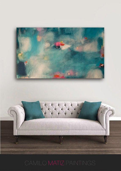 Teal and pink wall art, abstract painting pond print, large fine art print, modern abstract art, acrylic art print, Camilo Mattis - camilomattis.com