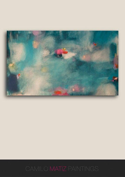 Teal and pink wall art, abstract painting pond print, large fine art print, modern abstract art, acrylic art print, Camilo Mattis - camilomattis.com