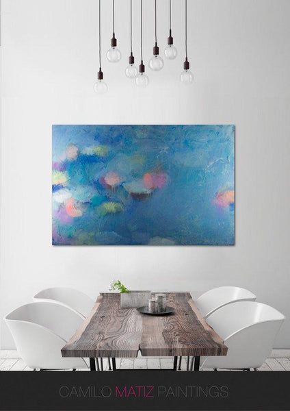 Blue abstract wall art, blue seascape, impressionist art pink abstract, water lily by Camilo Mattis - camilomattis.com