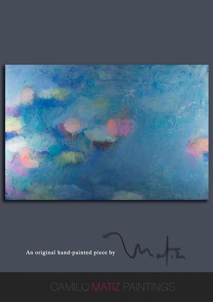 Blue abstract wall art, blue seascape, impressionist art pink abstract, water lily by Camilo Mattis - camilomattis.com