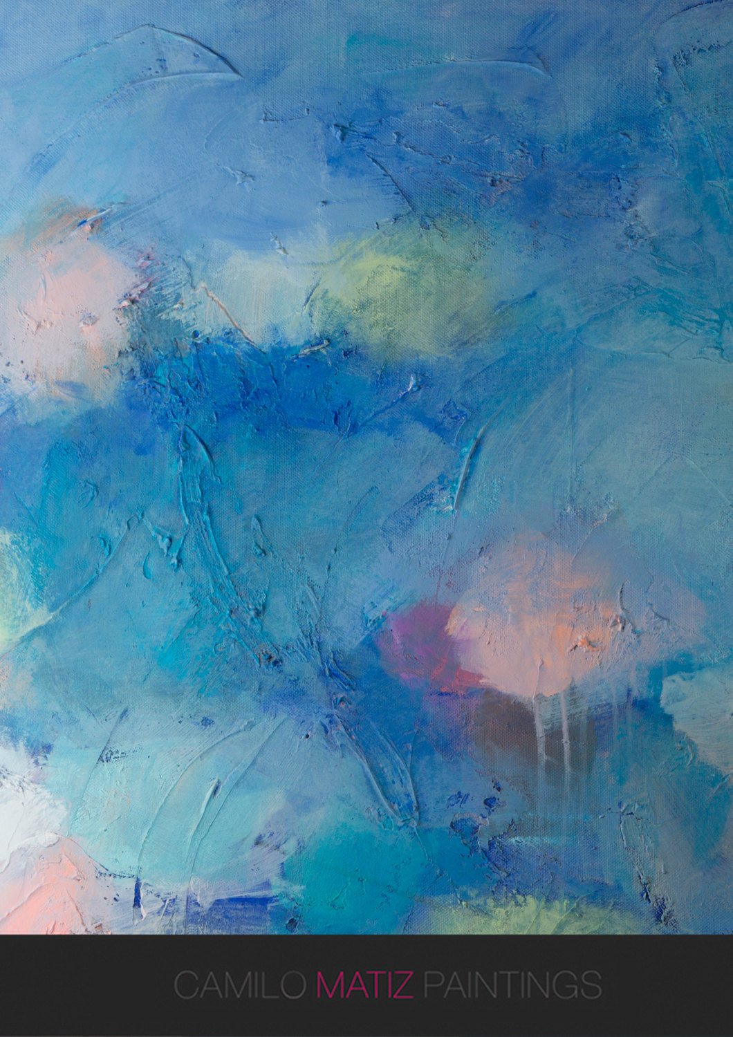 Blue abstract wall art, blue seascape, impressionist art pink abstract, water lily by Camilo Mattis - camilomattis.com
