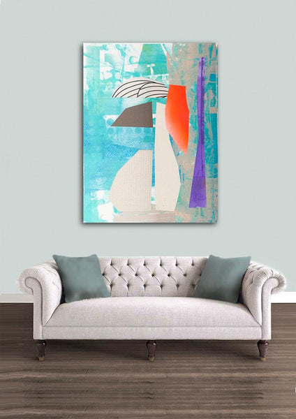 Teal blue flower vase print, abstract painting print, collage print, minimalist art - camilomattis.com