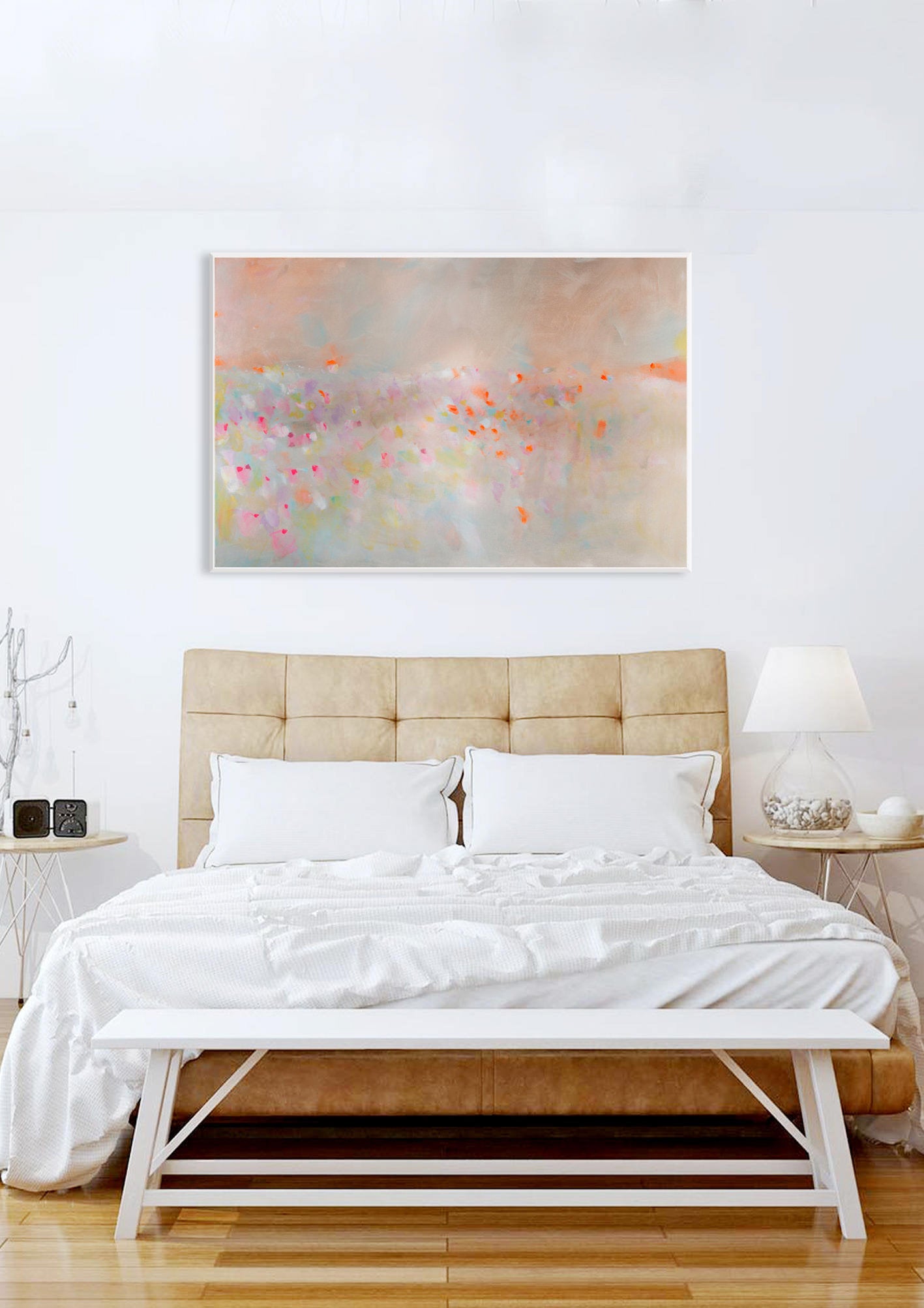Abstract landscape painting, pastel colors art, pink, beige and orange landscape - camilomattis.com