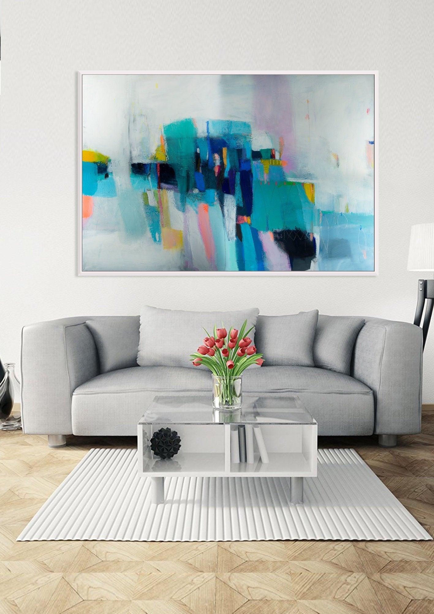Large wall art giclee print, white blue green geometric abstract painting, large abstract painting print, giclee wall art - camilomattis.com