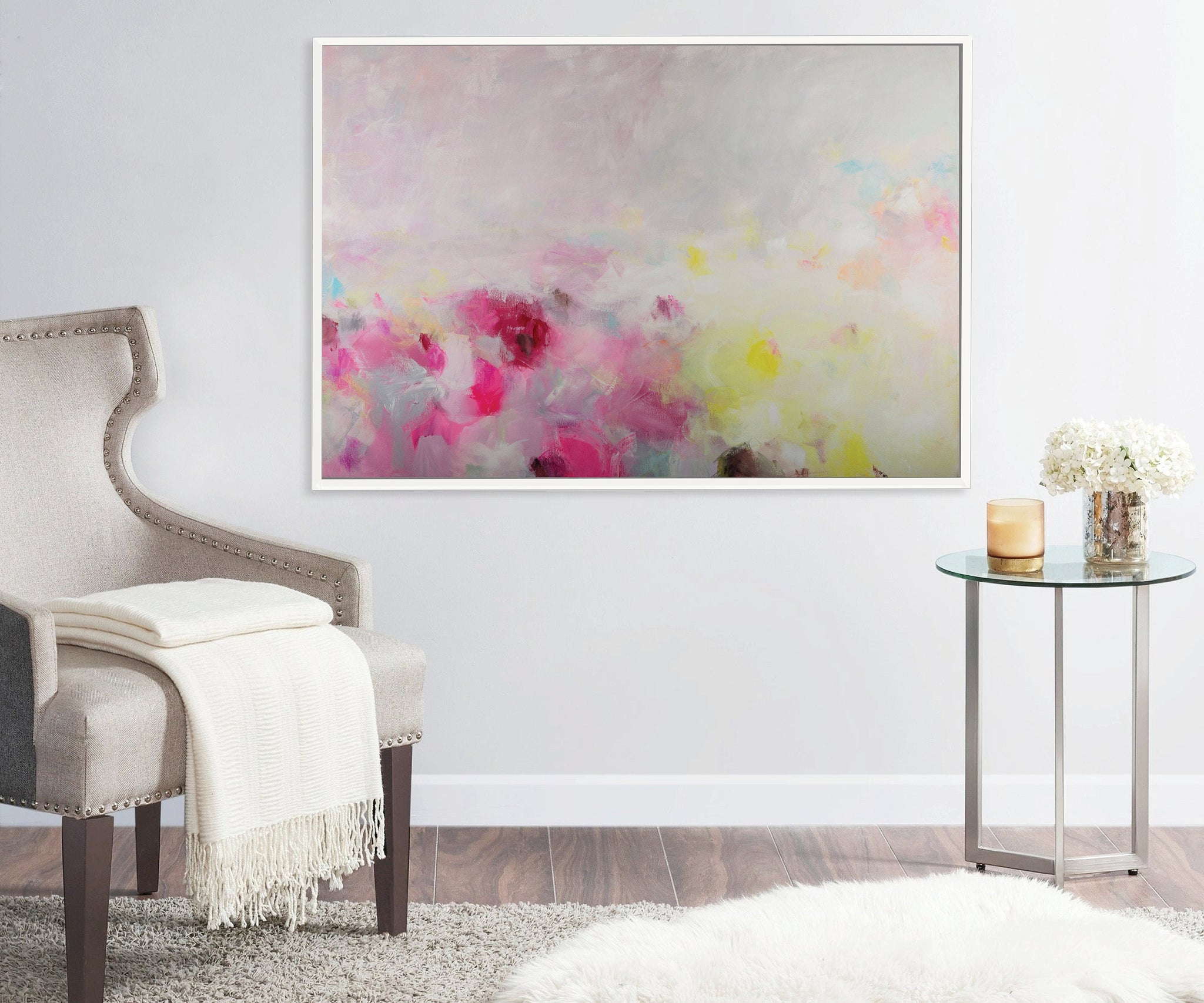 Extra large modern pink wall art, Landscape print, large abstract painting print, pink and yellow painting, acrylic abstract painting - camilomattis.com