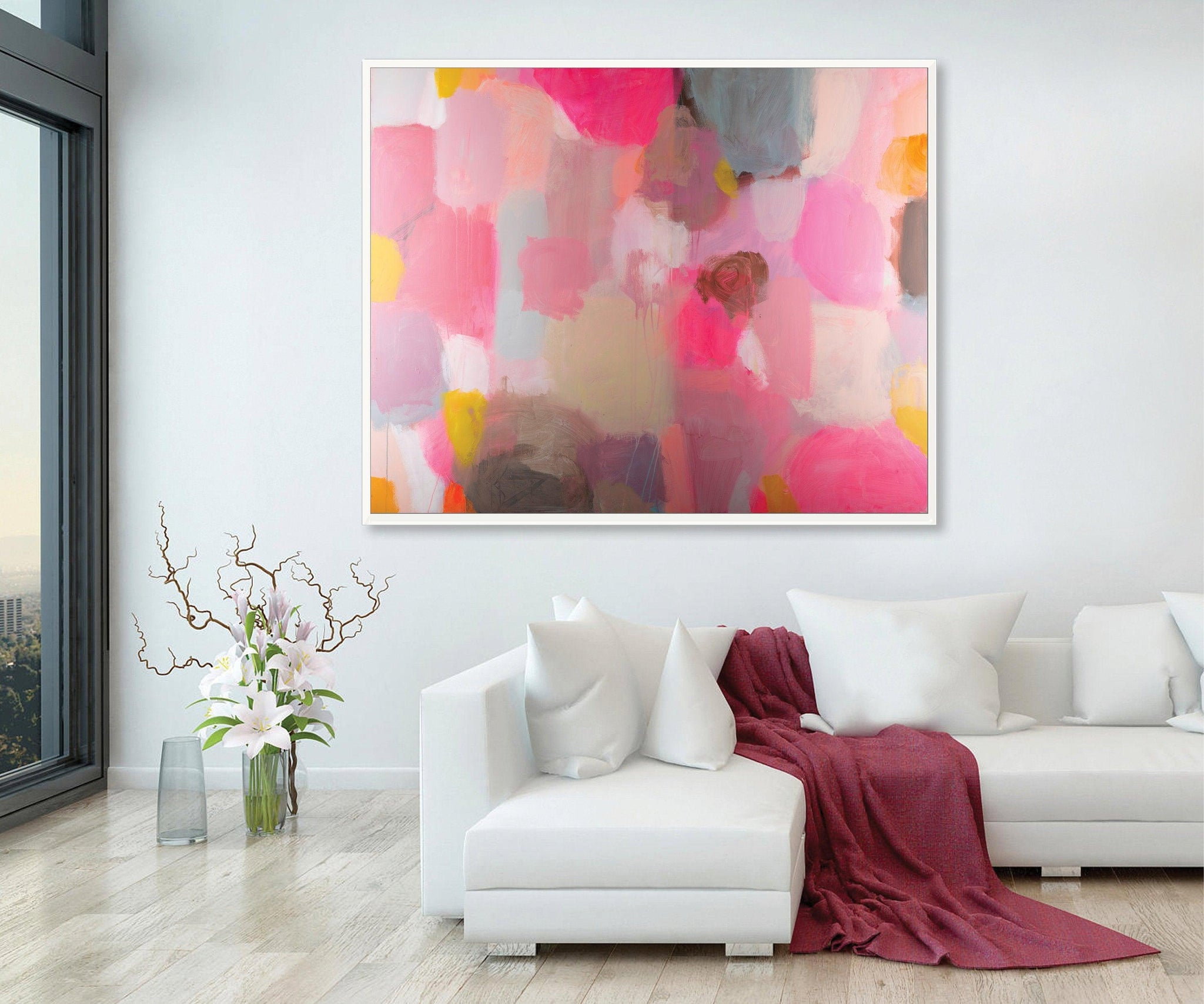 Colorful red pink extra large modern wall art, Landscape print, large abstract painting print, pink and yellow painting, acrylic abstract - camilomattis.com