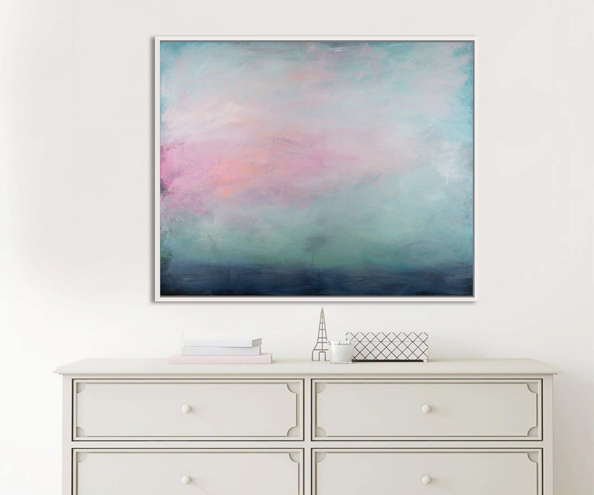 Teal Abstract Painting on Canvas, clouds acrylic painting print, Abstract Ocean Painting print, Ready to hang 