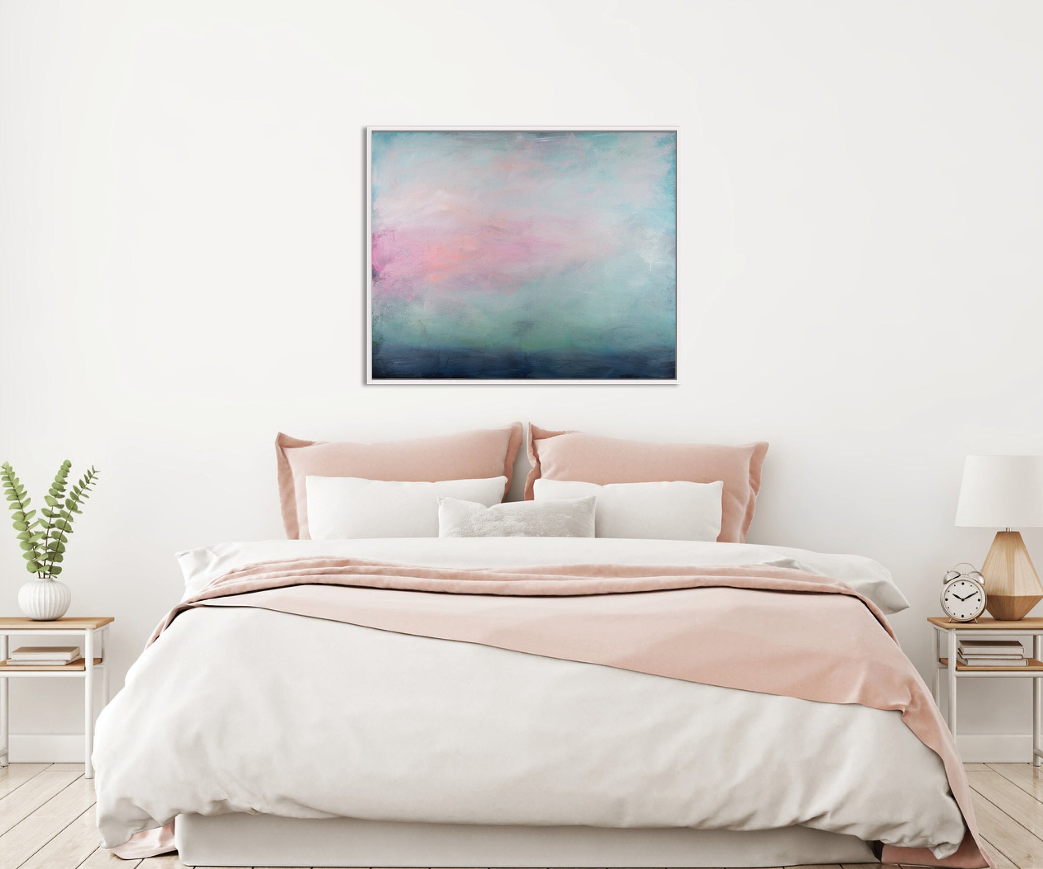 Teal Abstract Painting on Canvas, clouds acrylic painting print, Abstract Ocean Painting print, Ready to hang 