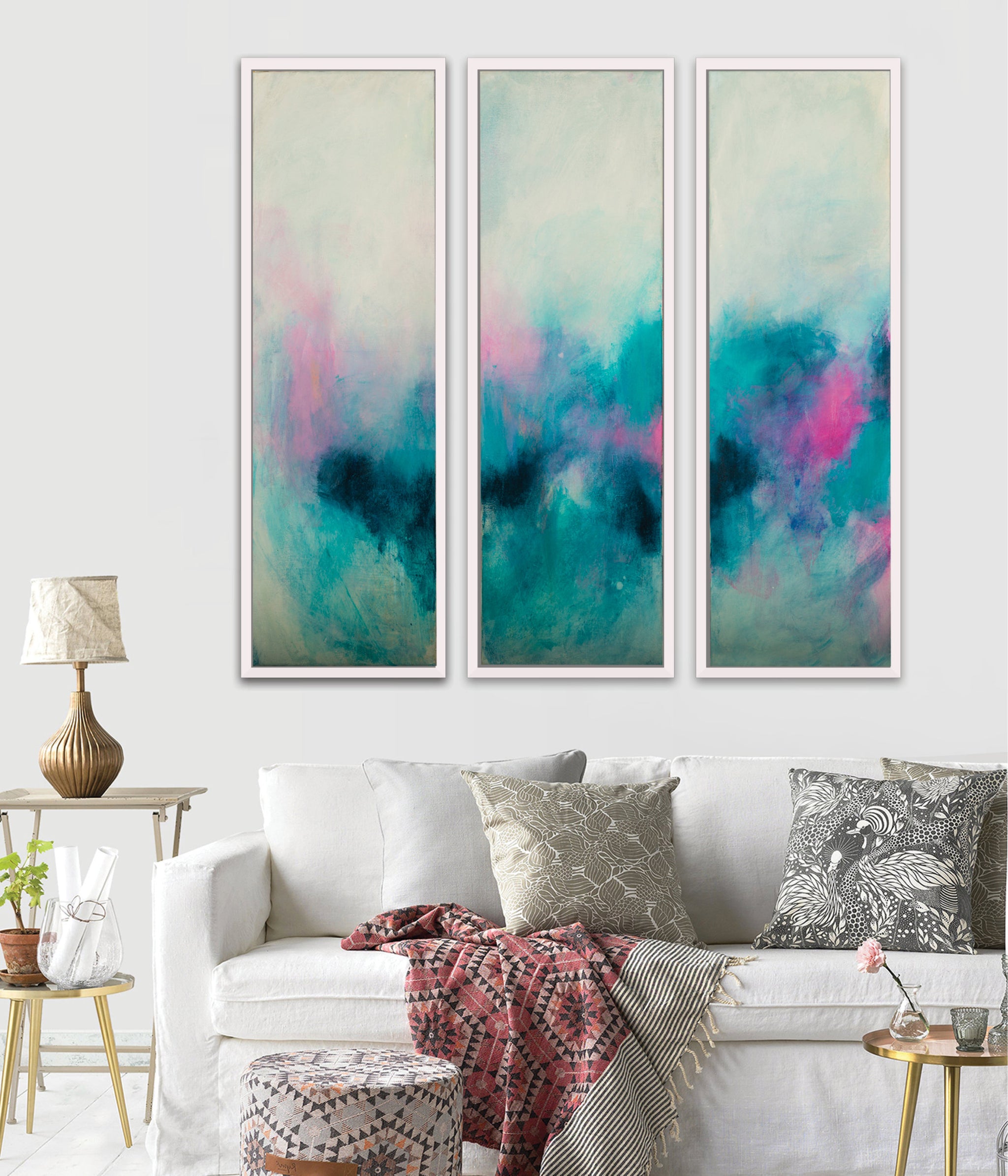 Set of 3 teal aqua blue abstract seascape art, Blush pink wall art set, Teal Abstract landscape - camilomattis.com