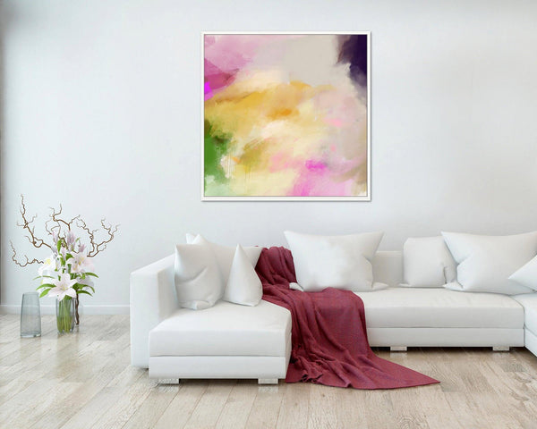 Large modern print in Yellow, modern art print, pink and yellow, above bed decor wall print, blush pink wall art - camilomattis.com