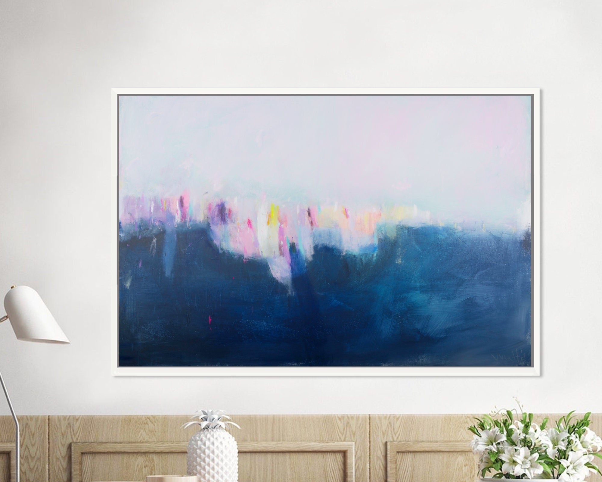 Blue large wall art, abstract landscape painting original, large ocean abstract art, living room wall decor.