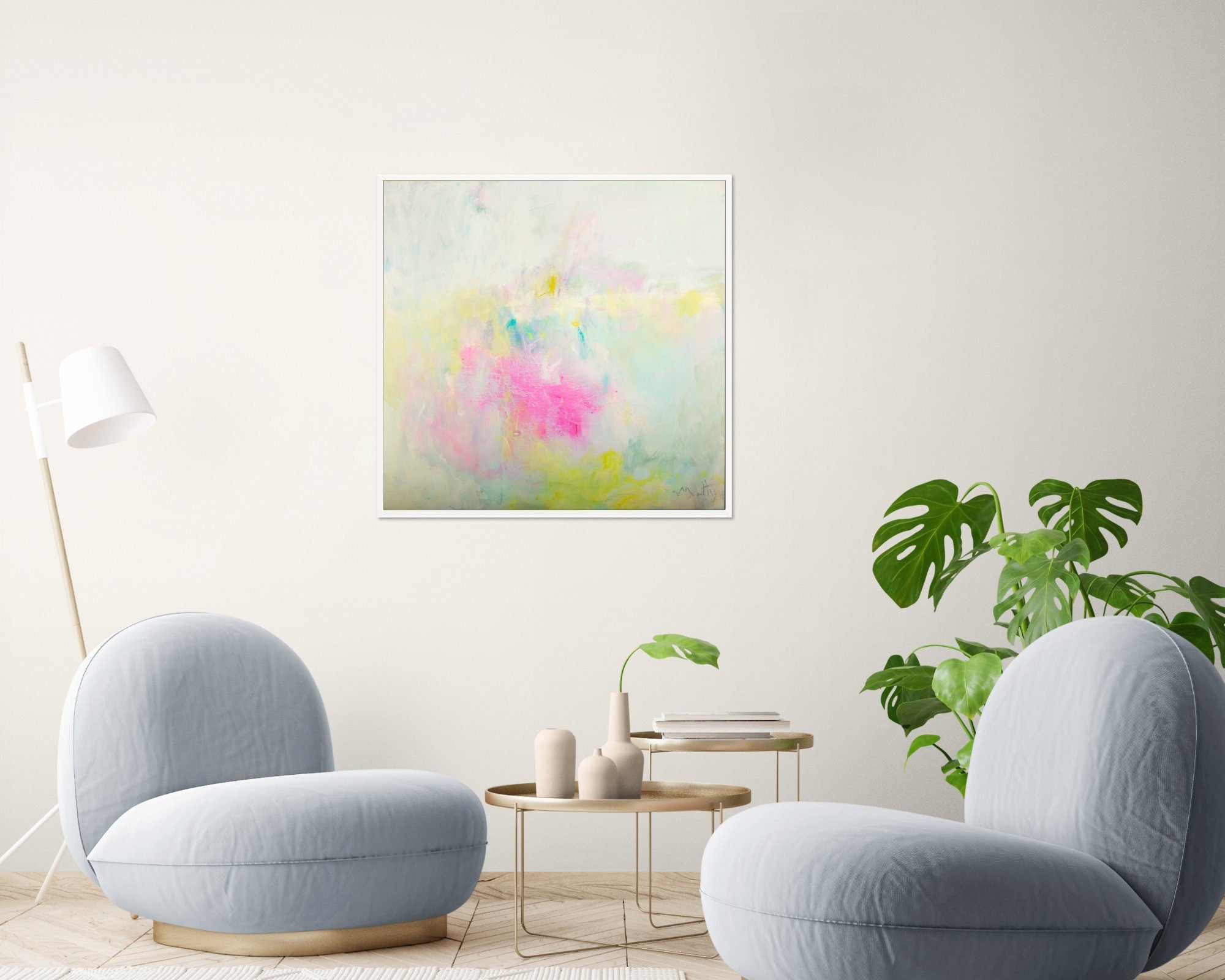 Yellow and pink abstract canvas art, Pink Abstract Art, Pink and Yellow original Painting, Yellow Abstract Painting