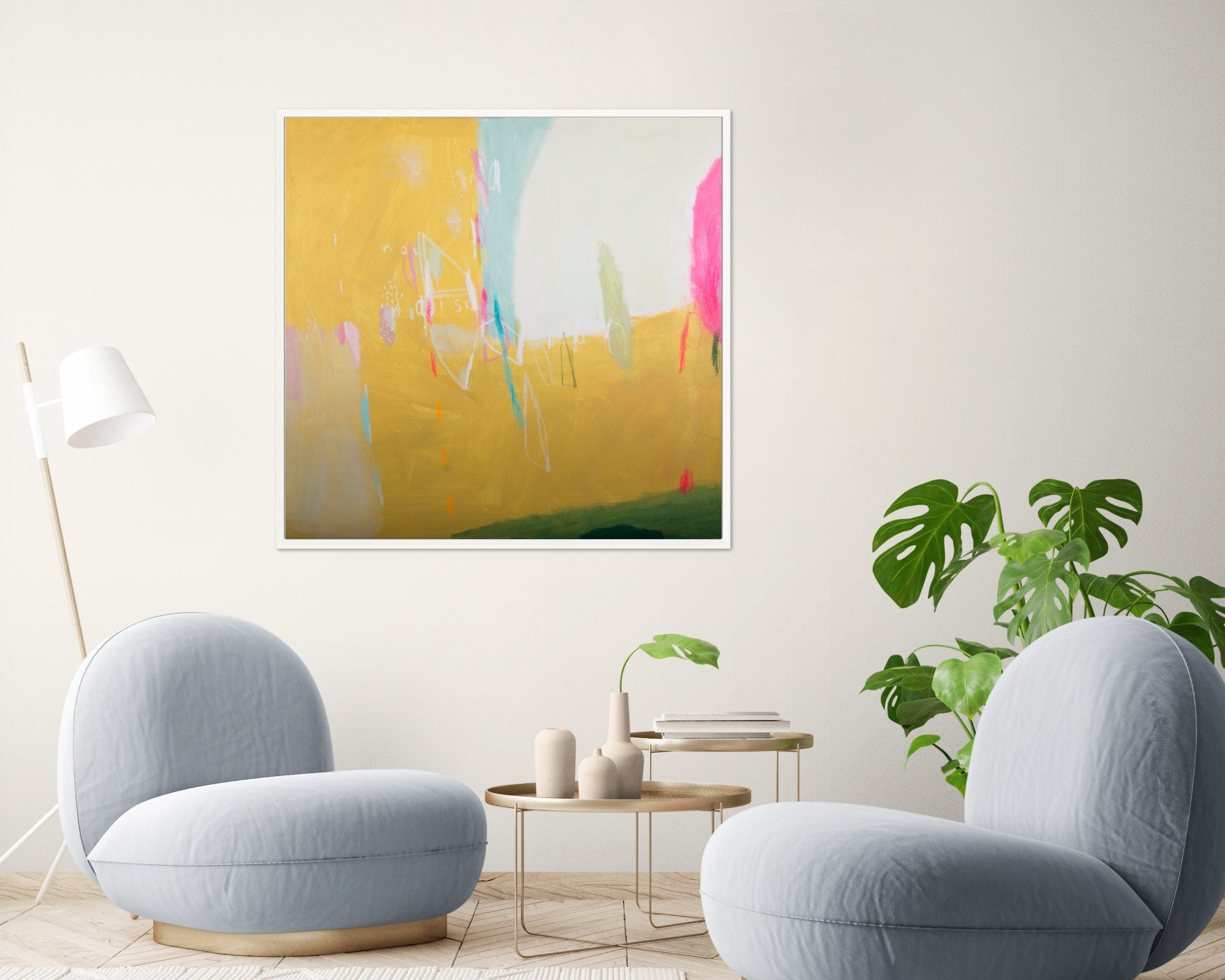 Mustard Yellow original abstract canvas art / Yellow Abstract Art / Pink and Yellow Painting / Large Yellow Abstract Paintings