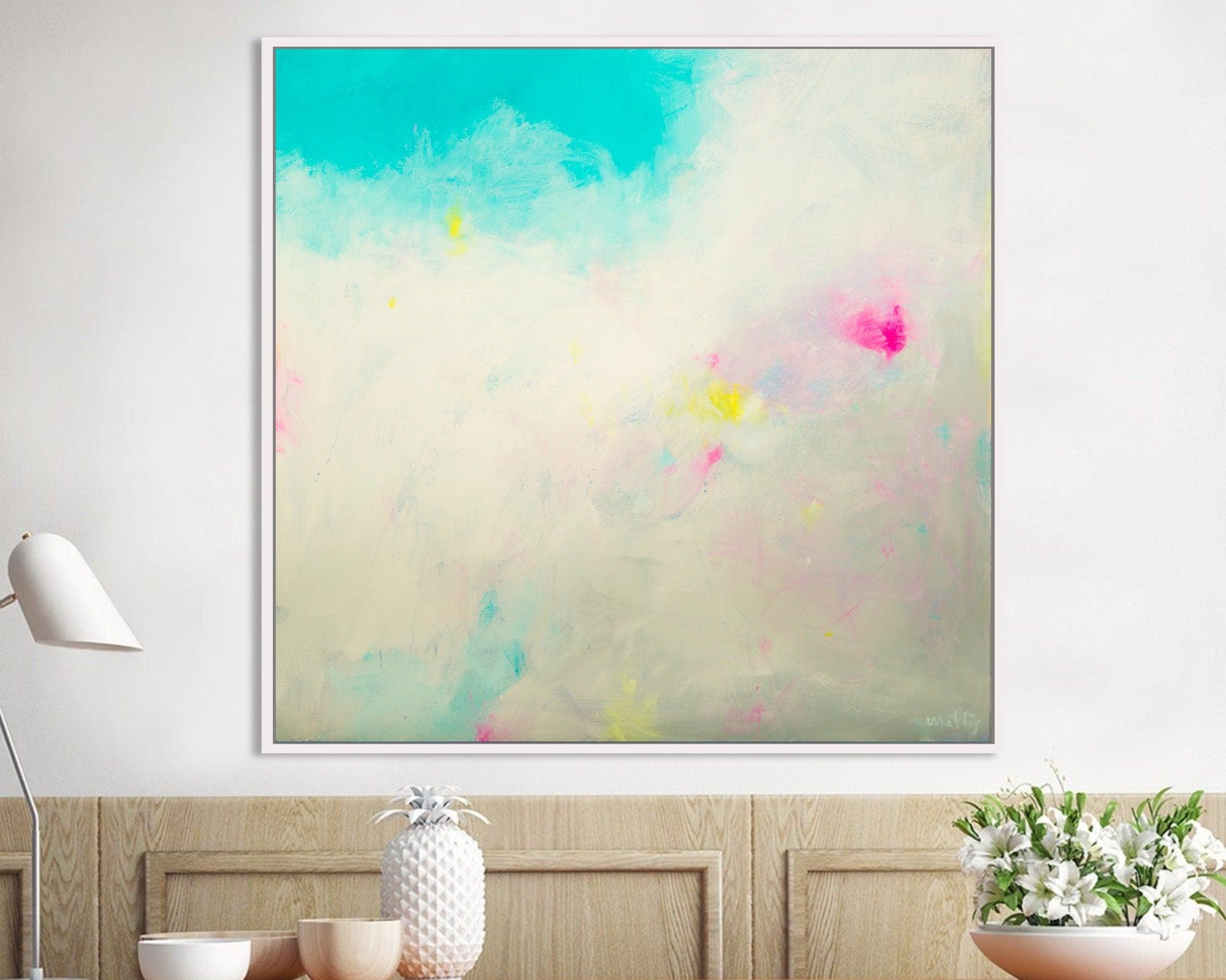 bright gallery large abstract painting, Abstract teal aqua blue wall art print, large original colorful art work