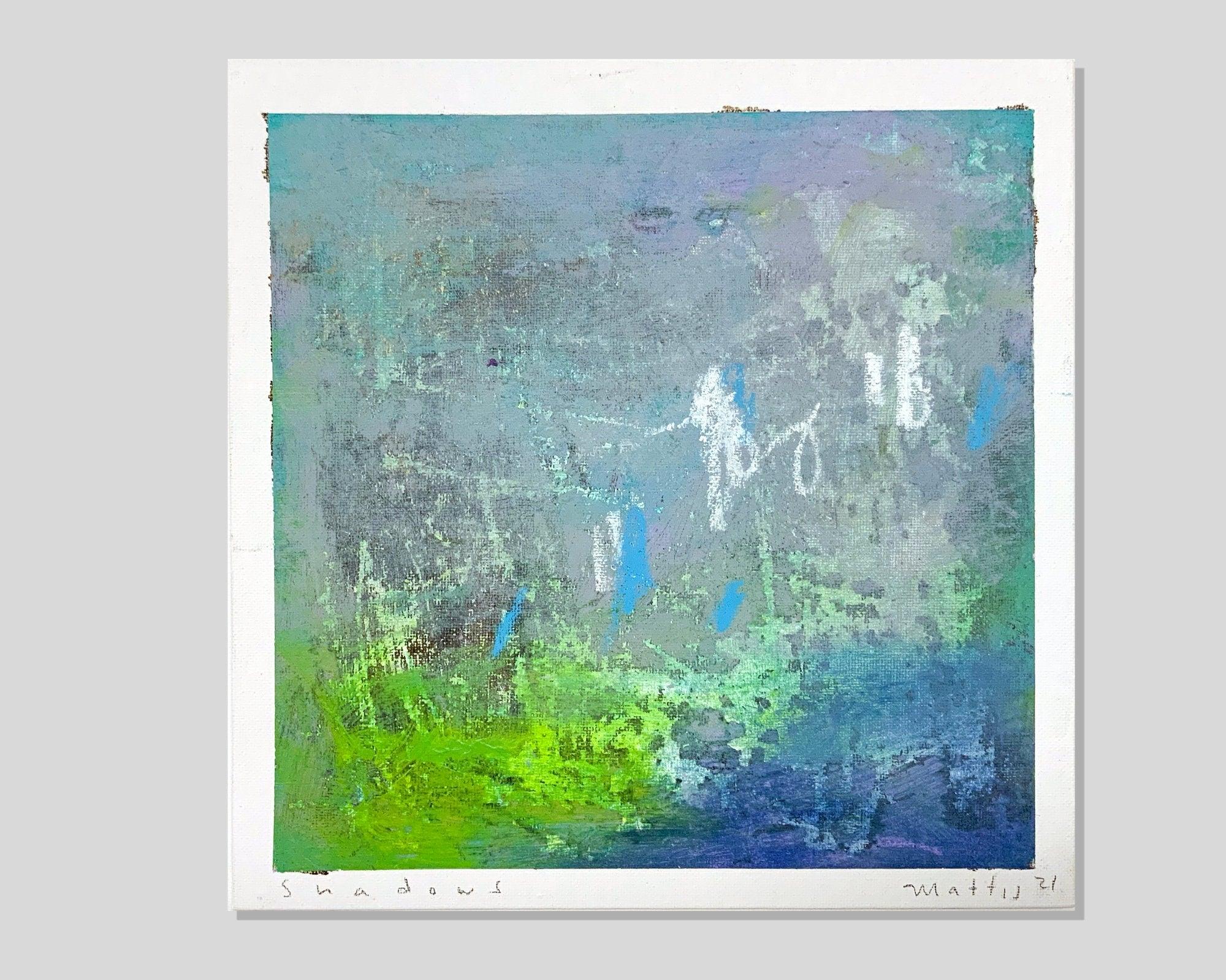 Green and teal small Abstract art modern home decor on cardboard painting 10x10 by Camilo Mattis