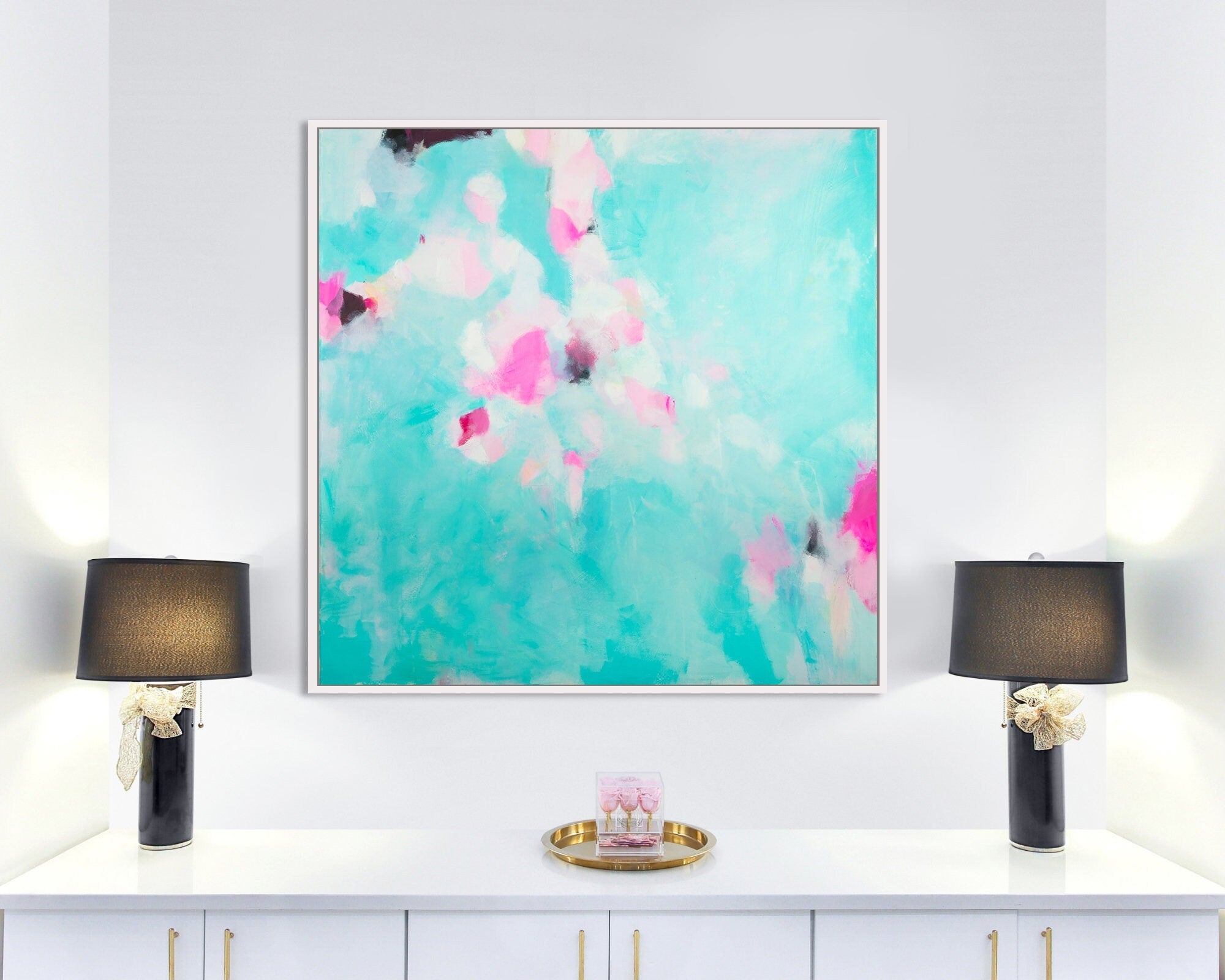 Mint green and pink Original abstract wall art painting, Gold leaf wall decor,  abstract wall painting decor