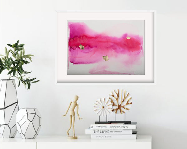 pink wall abstract art watercolor original painting with Gold leaf, A3, 12x16