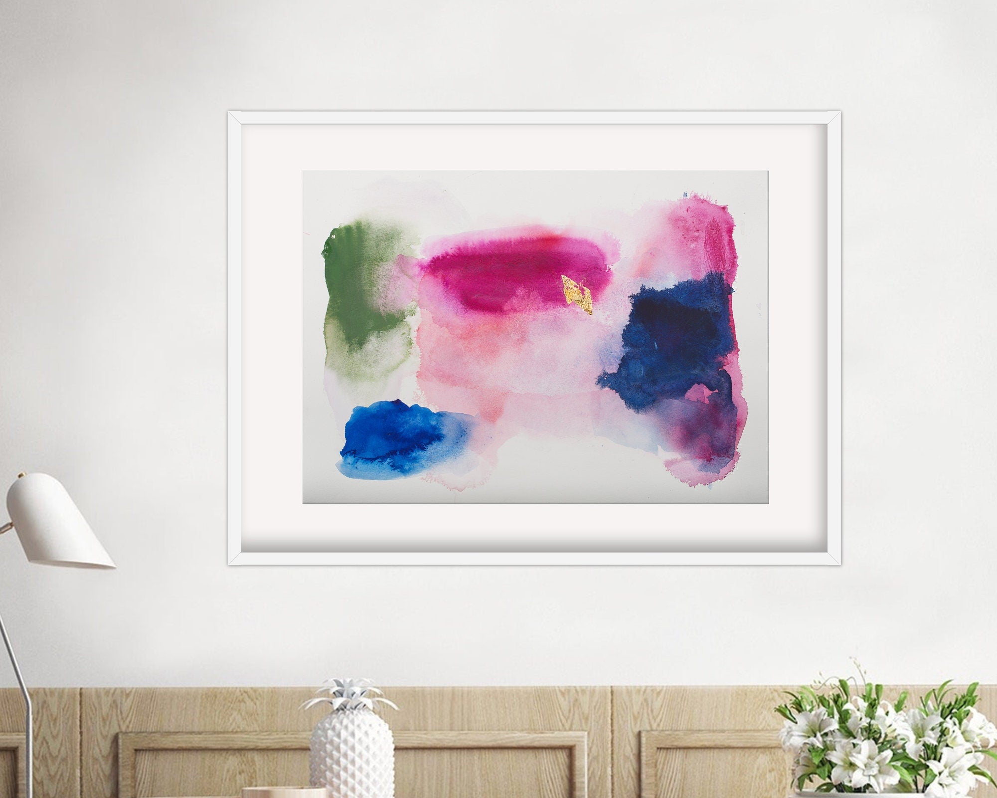 Pink and navy blue wall art original watercolor painting, Apartment glam decor gold leaf painting